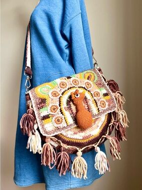 Handmade Crochet Peacock Boho Bag with Fringe